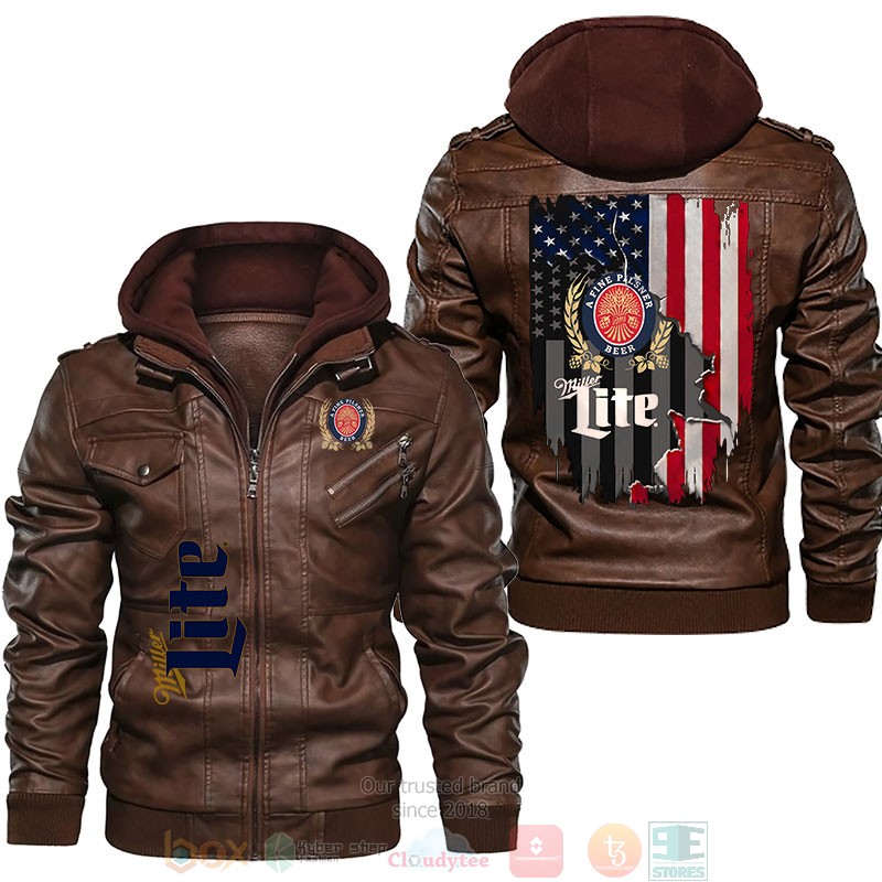 NEW Miller Lite a Fine Pilsner Beer American flag Leather Jacket 2 Miller Lite a Fine Pilsner Beer American flag Leather Jacket 1