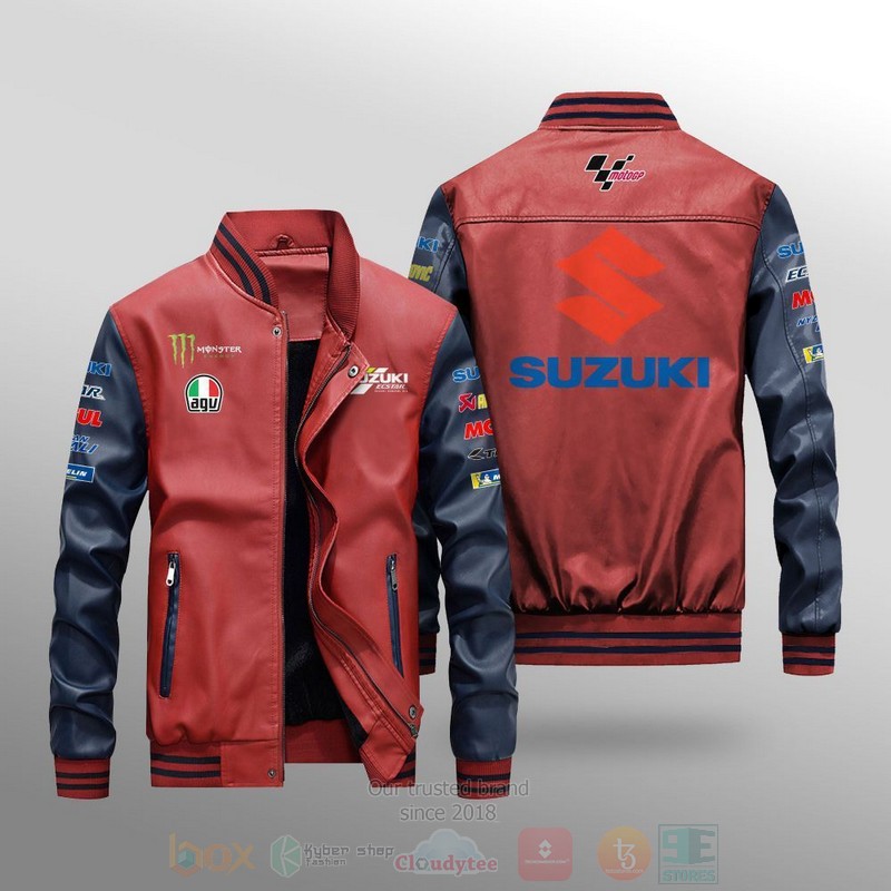 BEST Motogp Team Suzuki Ecstar Leather Bomber Jackets 4 Motogp Team Suzuki Ecstar Leather Bomber Jacket 1 2 3