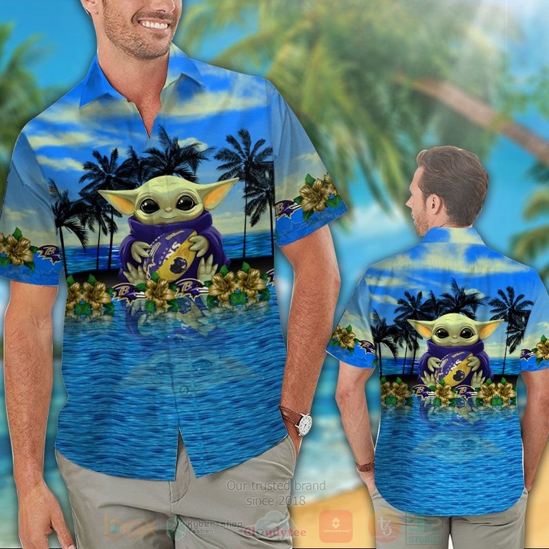 BEST NFL Baltimore Ravens Baby Yoda Blue Hawaiian Shirt 2 NFL Baltimore Ravens Baby Yoda Blue Hawaiian Shirt 1