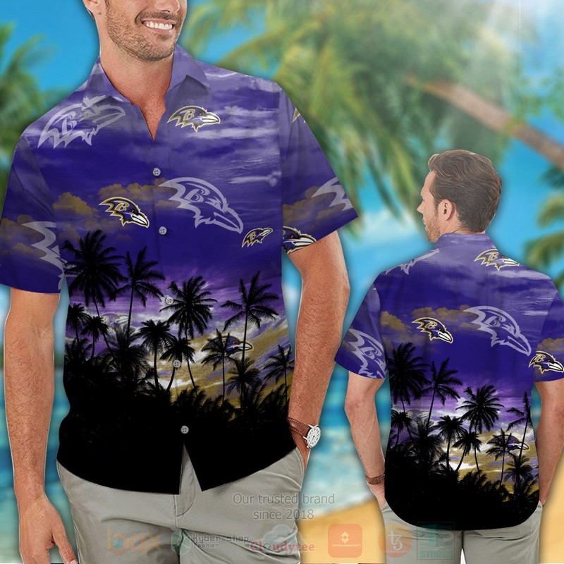 BEST NFL Baltimore Ravens Blue Skye Hawaii Shirt, Short 2 NFL Baltimore Ravens Blue Skye Hawaiian Shirt Short 1