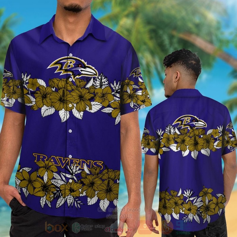 BEST NFL Baltimore Ravens Brown Hibiscus Flowers Hawaii Shirt, Short 2 NFL Baltimore Ravens Brown Hibiscus Flowers Hawaiian Shirt Short 1