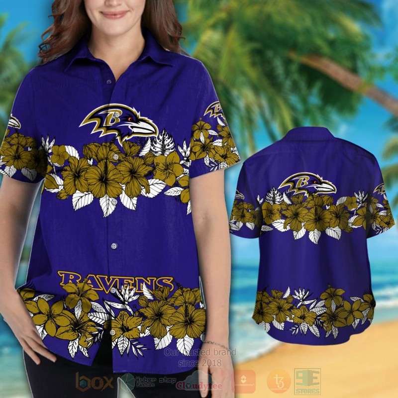 BEST NFL Baltimore Ravens Brown Hibiscus Flowers Hawaii Shirt, Short 3 NFL Baltimore Ravens Brown Hibiscus Flowers Hawaiian Shirt Short 1 2