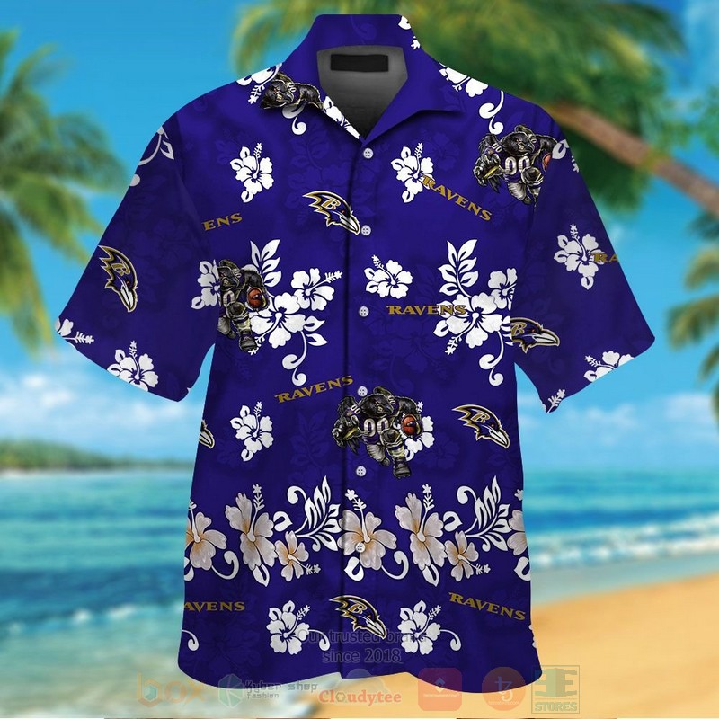 NFL Baltimore Ravens Full Navy Hibiscus Flower Hawaiian Shirt Short