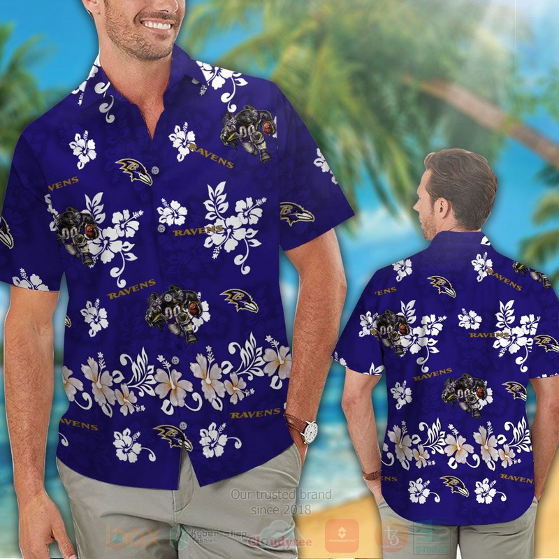 BEST NFL Baltimore Ravens Full Navy Hibiscus Flower Hawaii Shirt, Short 2 NFL Baltimore Ravens Full Navy Hibiscus Flower Hawaiian Shirt Short 1