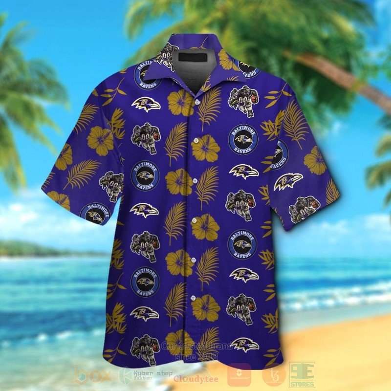 NFL Baltimore Ravens Hibiscus Flower Full Navy Hawaiian Shirt Short