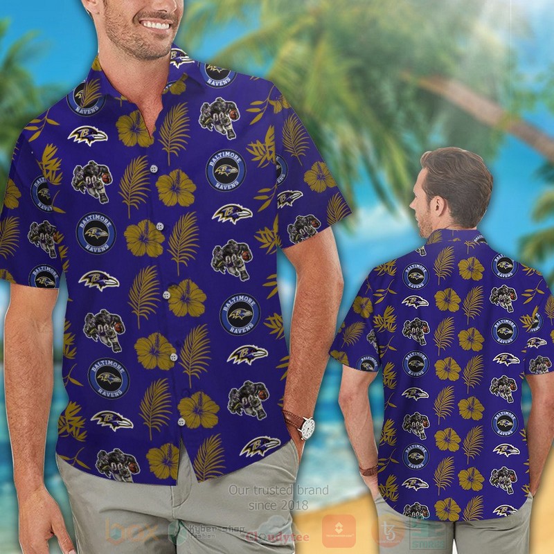 NFL Baltimore Ravens Hibiscus Flower Full Navy Hawaiian Shirt Short 1