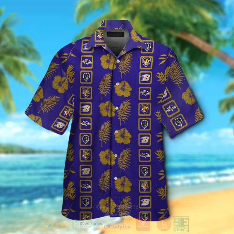NFL Baltimore Ravens Navy Brown Hibiscus Flower Hawaiian Shirt Short