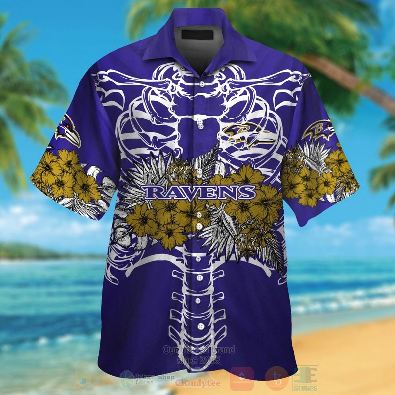 BEST NFL Baltimore Ravens Skeleton Hawaii Shirt, Short 1 NFL Baltimore Ravens Skeleton Hawaiian Shirt Short