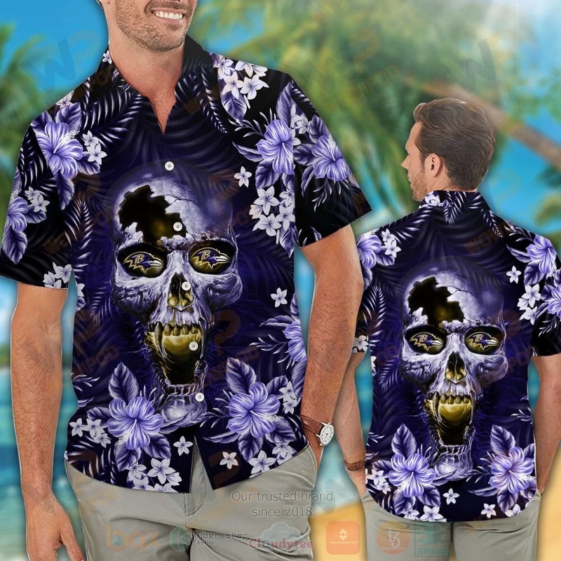 BEST NFL Baltimore Ravens Skull Hawaii Shirt, Short 2 NFL Baltimore Ravens Skull Hawaiian Shirt Short 1