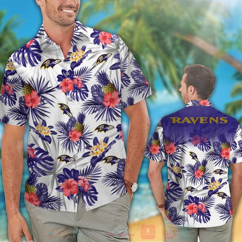 BEST NFL Baltimore Ravens White-Red Hibiscus Flowers Hawaii Shirt, Short 2 NFL Baltimore Ravens White Red Hibiscus Flowers Hawaiian Shirt Short 1