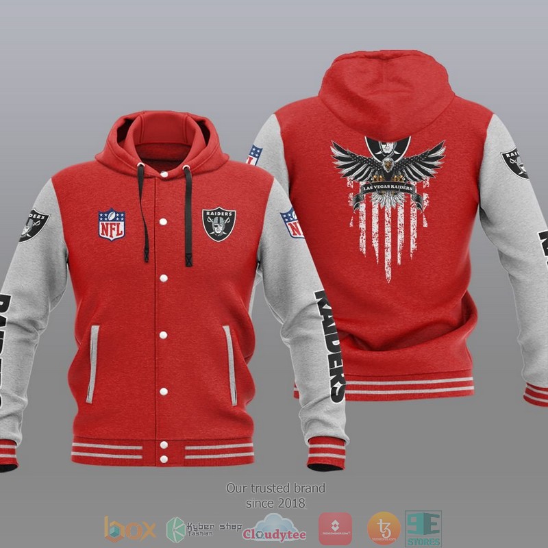 HOT Las Vegas Raiders Eagle American Flag Varsity Hoodie Jacket 5 NFL Las Vegas Raiders Eagle American Flag Baseball Jacket Hoodie 1 2 3 4