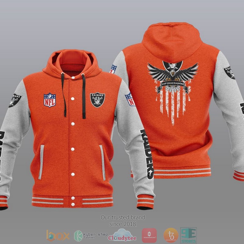 HOT Las Vegas Raiders Eagle American Flag Varsity Hoodie Jacket 6 NFL Las Vegas Raiders Eagle American Flag Baseball Jacket Hoodie 1 2 3 4 5