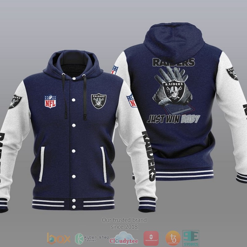 HOT Las Vegas Raiders Just Win Baby Varsity Hoodie Jacket 3 NFL Las Vegas Raiders Just Win Baby Baseball Jacket Hoodie 1 2