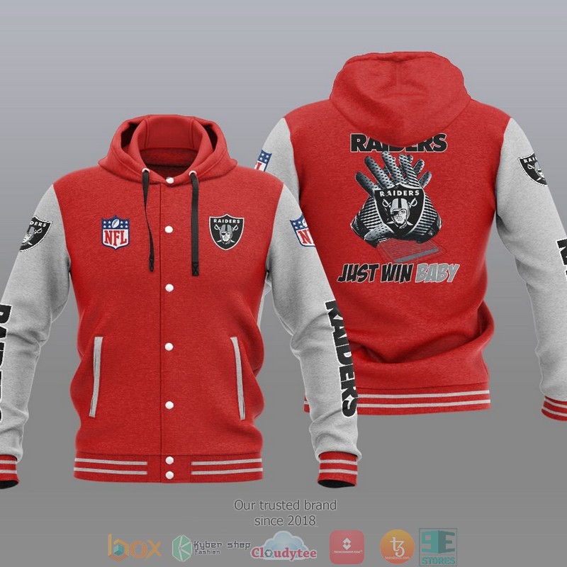 HOT Las Vegas Raiders Just Win Baby Varsity Hoodie Jacket 5 NFL Las Vegas Raiders Just Win Baby Baseball Jacket Hoodie 1 2 3 4