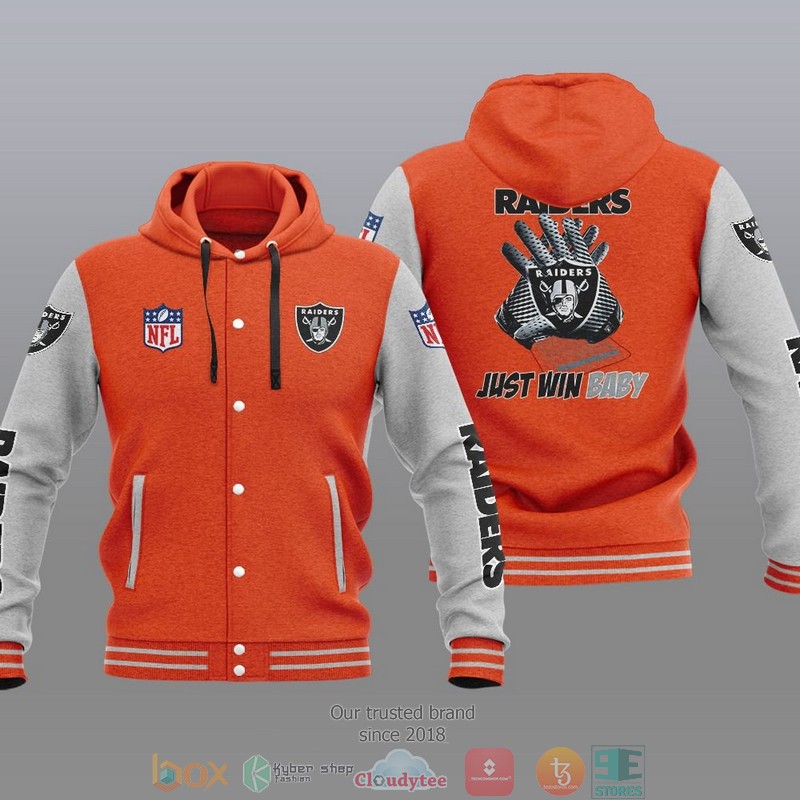 HOT Las Vegas Raiders Just Win Baby Varsity Hoodie Jacket 6 NFL Las Vegas Raiders Just Win Baby Baseball Jacket Hoodie 1 2 3 4 5