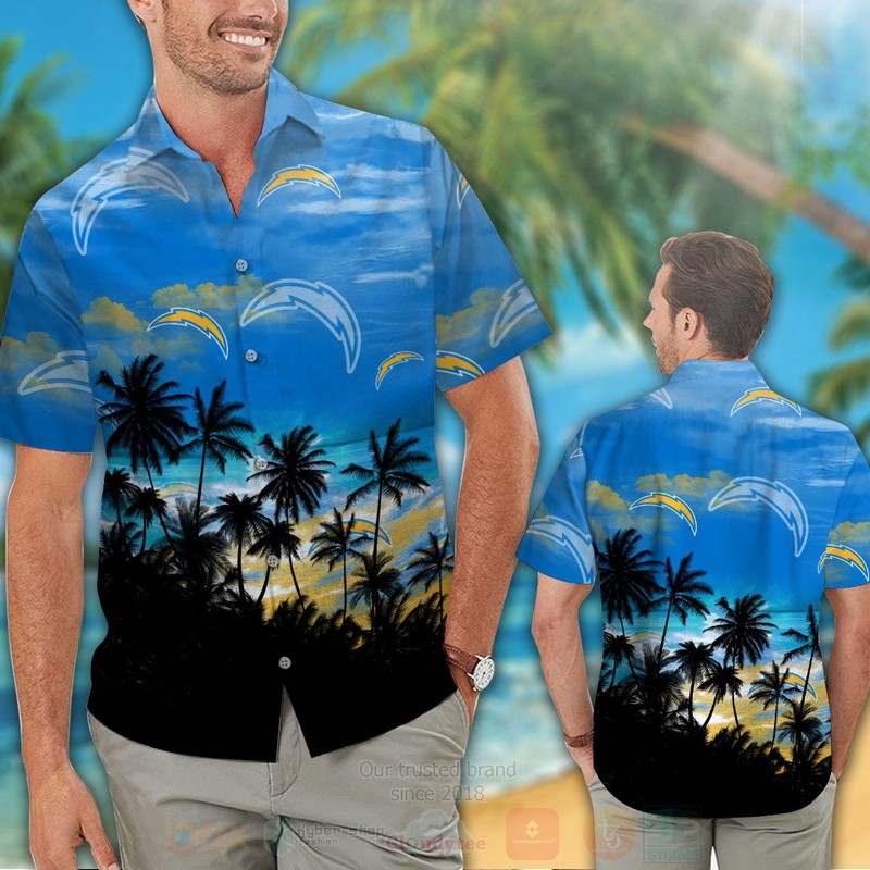 BEST NFL Los Angeles Chargers Blue Coconut Tree Hawaii Shirt, Short 2 NFL Los Angeles Chargers Blue Coconut Tree Hawaiian Shirt Short 1