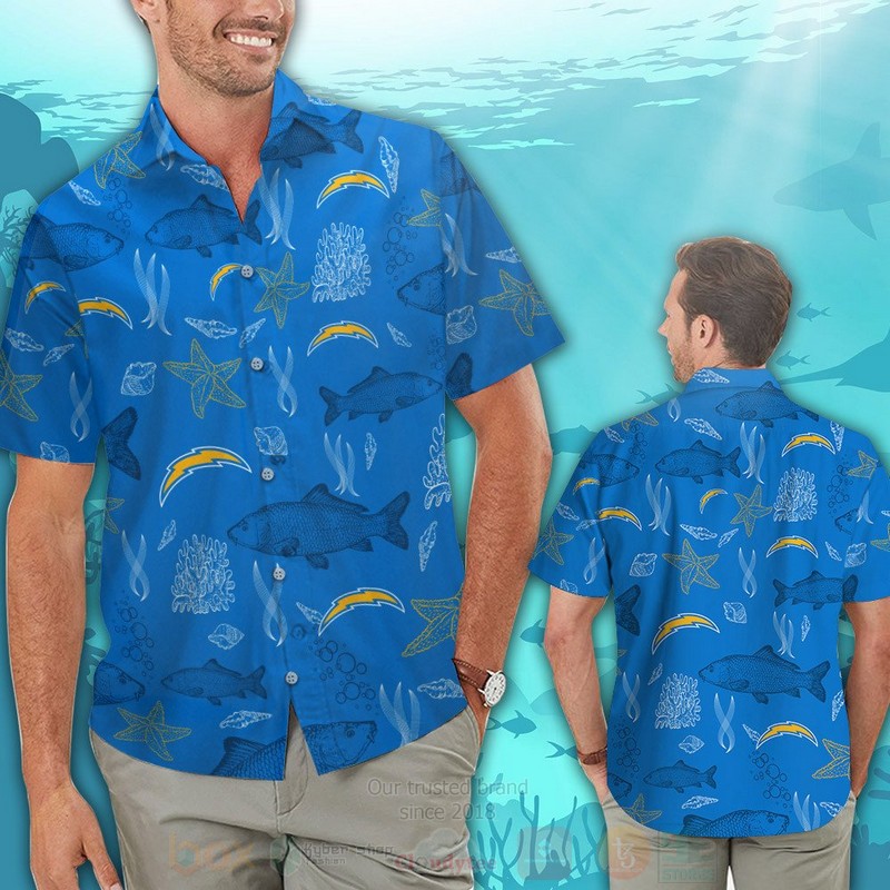 BEST NFL Los Angeles Chargers Blue Fish Hawaii Shirt, Short 2 NFL Los Angeles Chargers Blue Fish Hawaiian Shirt Short 1