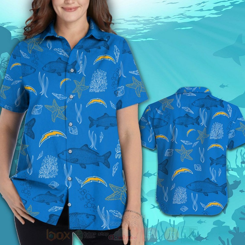 BEST NFL Los Angeles Chargers Blue Fish Hawaii Shirt, Short 3 NFL Los Angeles Chargers Blue Fish Hawaiian Shirt Short 1 2