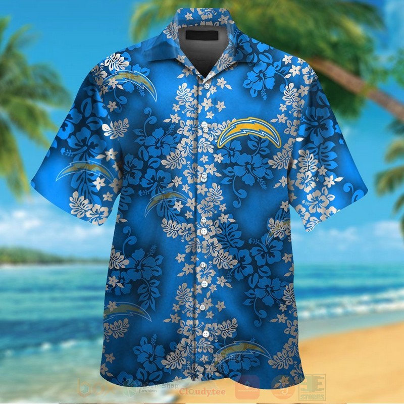 NFL Los Angeles Chargers Hibiscus Full Blue Hawaiian Shirt Short