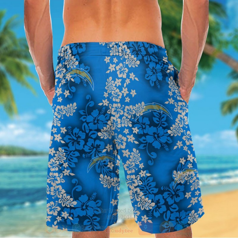 NFL Los Angeles Chargers Hibiscus Full Blue Hawaiian Shirt Short 1 2 3 4 5