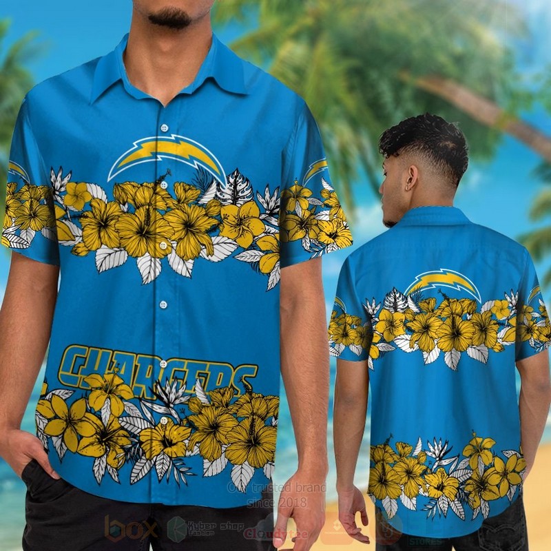BEST NFL Los Angeles Chargers Hibiscus Yellow Hawaii Shirt, Short 2 NFL Los Angeles Chargers Hibiscus Yellow Hawaiian Shirt Short 1
