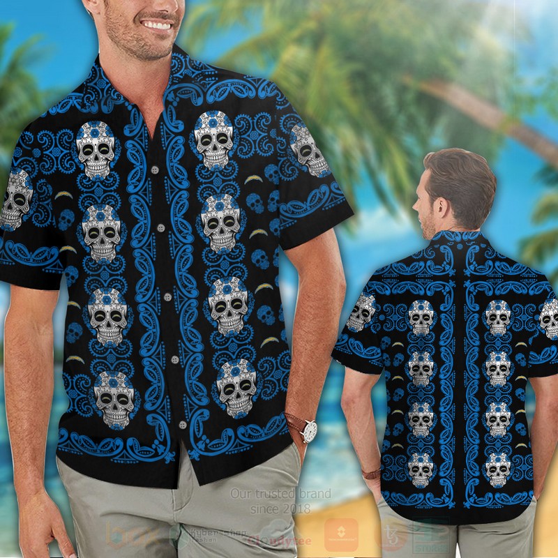 BEST NFL Los Angeles Chargers Skulls Hawaii Shirt, Short 2 NFL Los Angeles Chargers Skulls Hawaiian Shirt Short 1