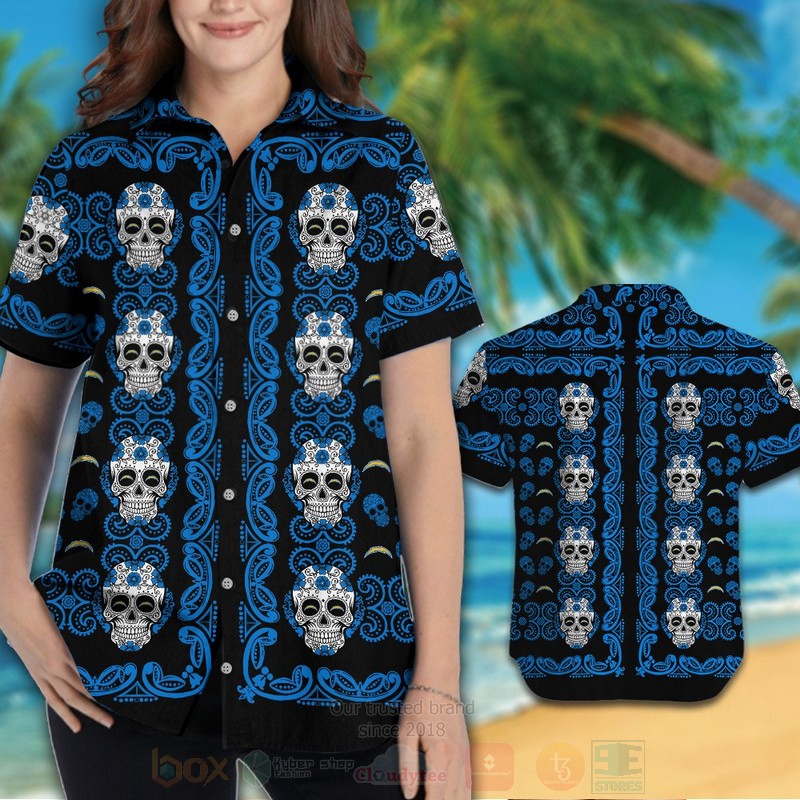 BEST NFL Los Angeles Chargers Skulls Hawaii Shirt, Short 3 NFL Los Angeles Chargers Skulls Hawaiian Shirt Short 1 2