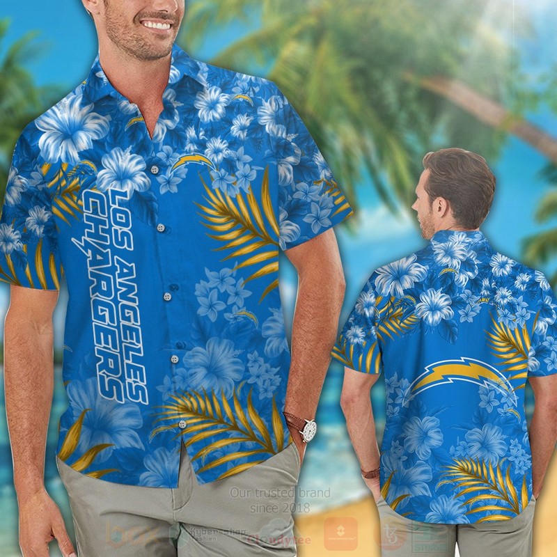 BEST NFL Los Angeles Chargers White Hibiscus Hawaii Shirt, Short 2 NFL Los Angeles Chargers White Hibiscus Hawaiian Shirt Short 1