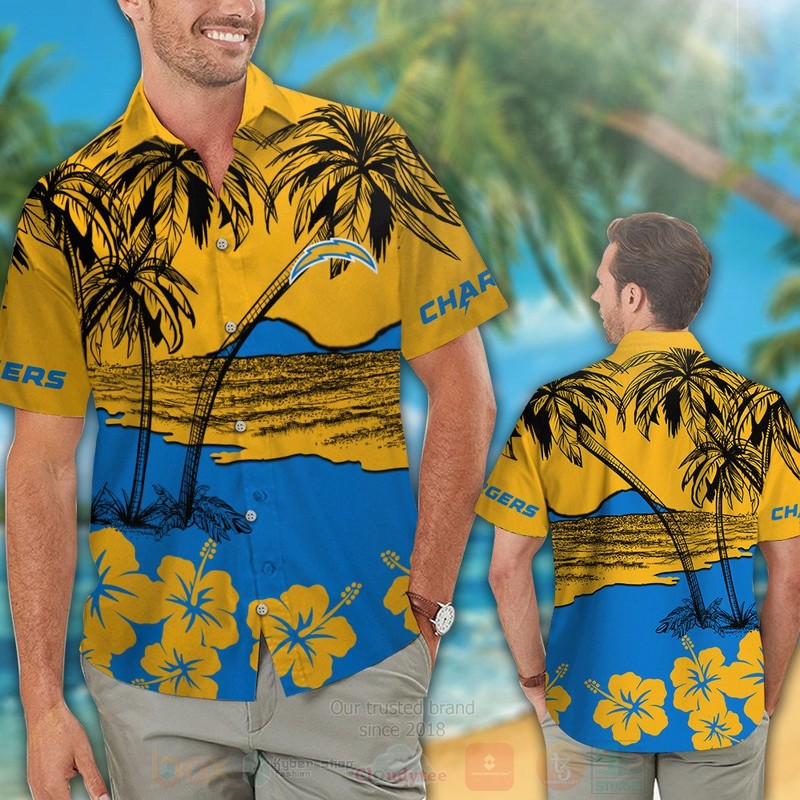 BEST NFL Los Angeles Chargers Yellow-Blue Hawaii Shirt, Short 2 NFL Los Angeles Chargers Yellow Blue Hawaiian Shirt Short 1