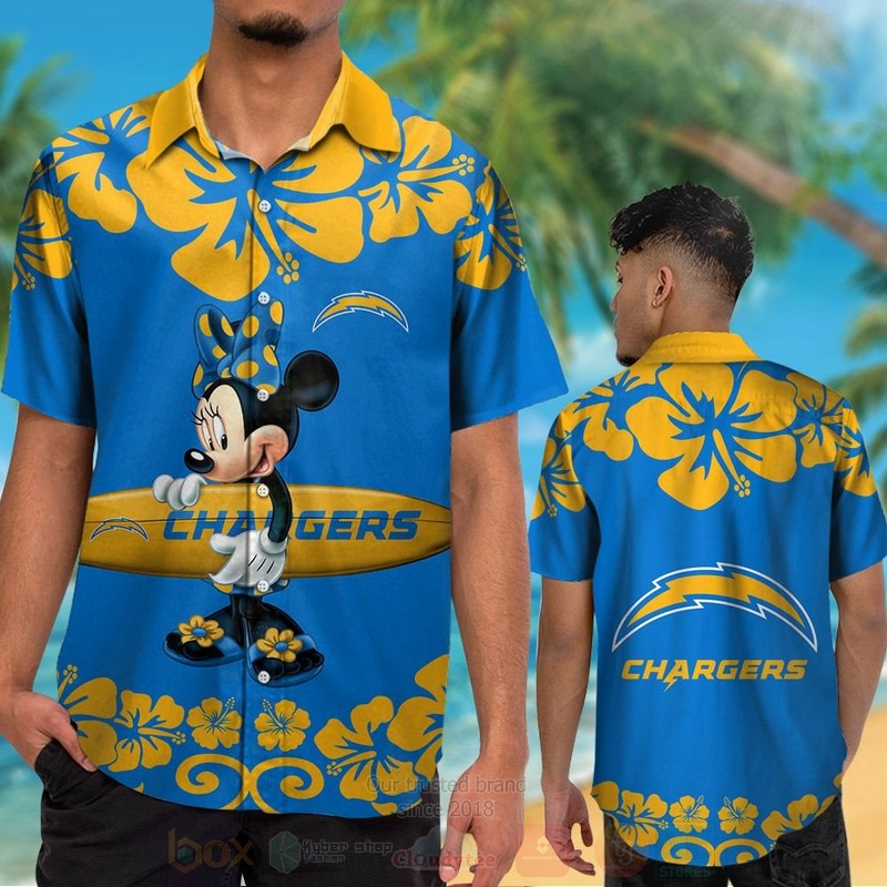 BEST NFL Los Angeles Chargers and Minnie Mouse Hawaii Shirt, Short 2 NFL Los Angeles Chargers and Minnie Mouse Hawaiian Shirt Short 1