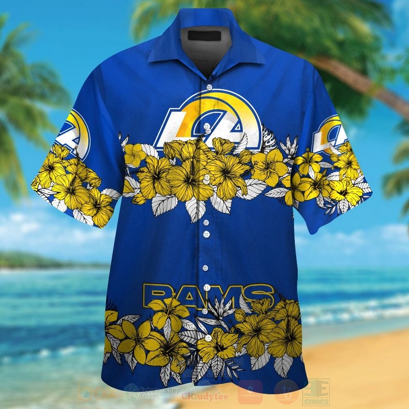 NFL Los Angeles Rams Blue Yellow and Hiibscus Hawaiian Shirt Short