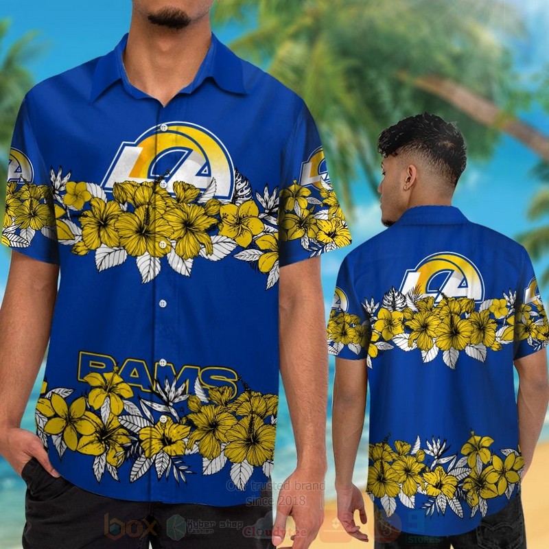 BEST NFL Los Angeles Rams Blue-Yellow and Hiibscus Hawaii Shirt, Short 2 NFL Los Angeles Rams Blue Yellow and Hiibscus Hawaiian Shirt Short 1