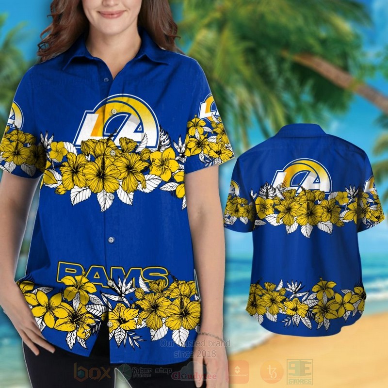 BEST NFL Los Angeles Rams Blue-Yellow and Hiibscus Hawaii Shirt, Short 3 NFL Los Angeles Rams Blue Yellow and Hiibscus Hawaiian Shirt Short 1 2