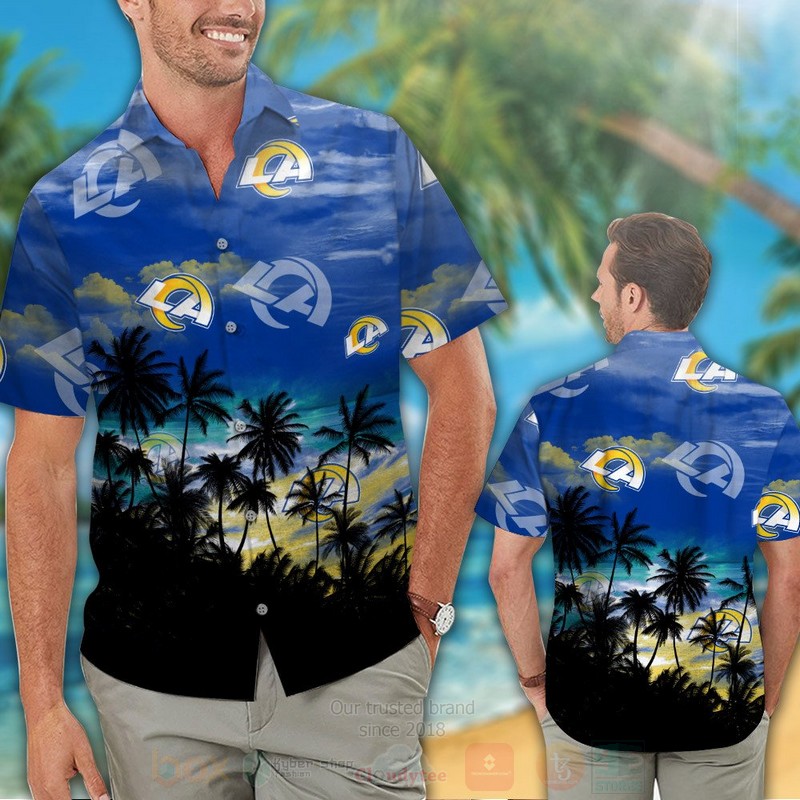 NFL Los Angeles Rams Blue Sky White Coconut Tree Hawaiian Shirt Short 1