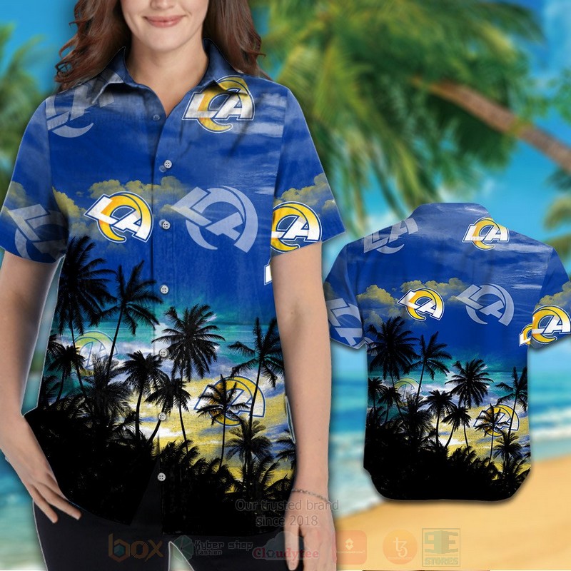 NFL Los Angeles Rams Blue Sky White Coconut Tree Hawaiian Shirt Short 1 2