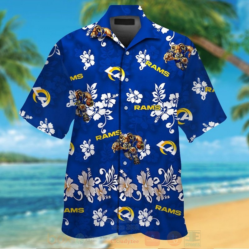NFL Los Angeles Rams Dark Blue With Hiibscus Hawaiian Shirt Short