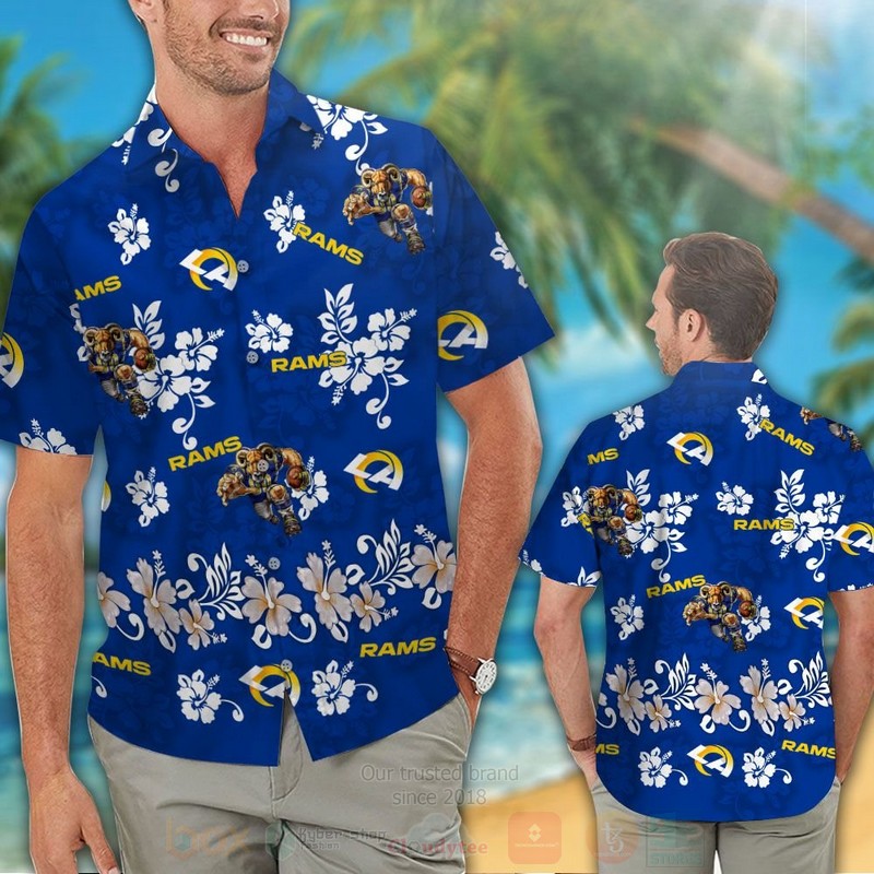 NFL Los Angeles Rams Dark Blue With Hiibscus Hawaiian Shirt Short 1