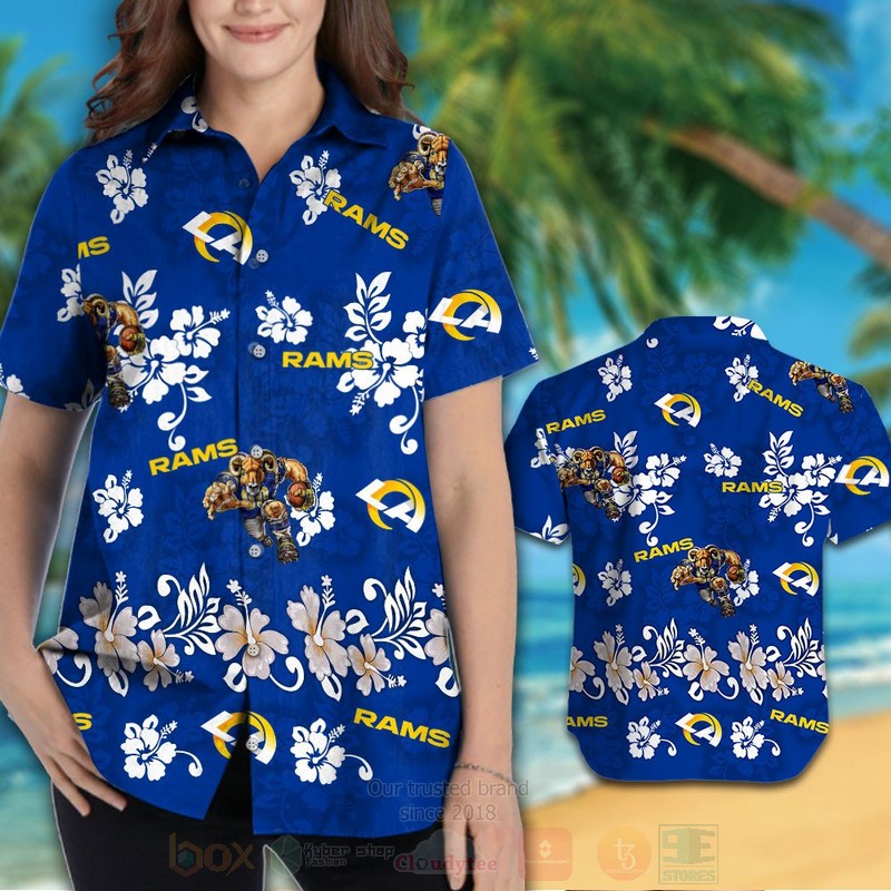 NFL Los Angeles Rams Dark Blue With Hiibscus Hawaiian Shirt Short 1 2