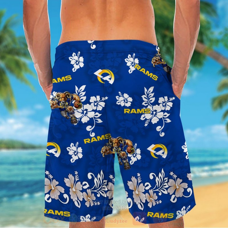 NFL Los Angeles Rams Dark Blue With Hiibscus Hawaiian Shirt Short 1 2 3 4 5