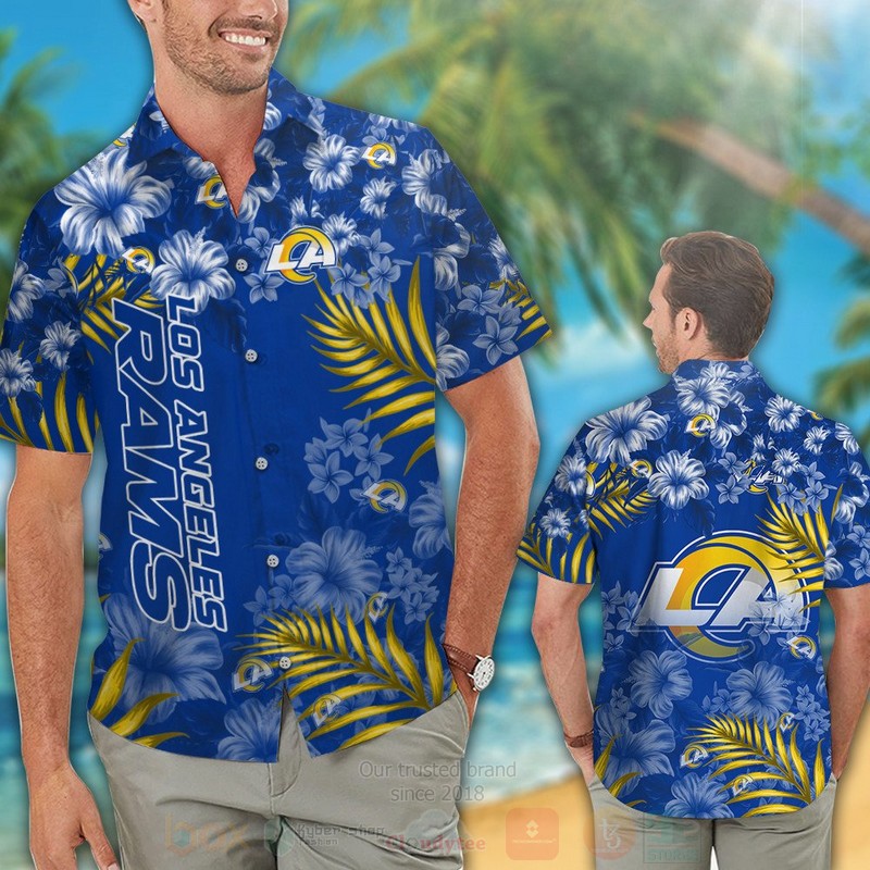 BEST NFL Los Angeles Rams Full Blue-White Hibiscus Hawaii Shirt, Short 2 NFL Los Angeles Rams Full Blue White Hibiscus Hawaiian Shirt Short 1