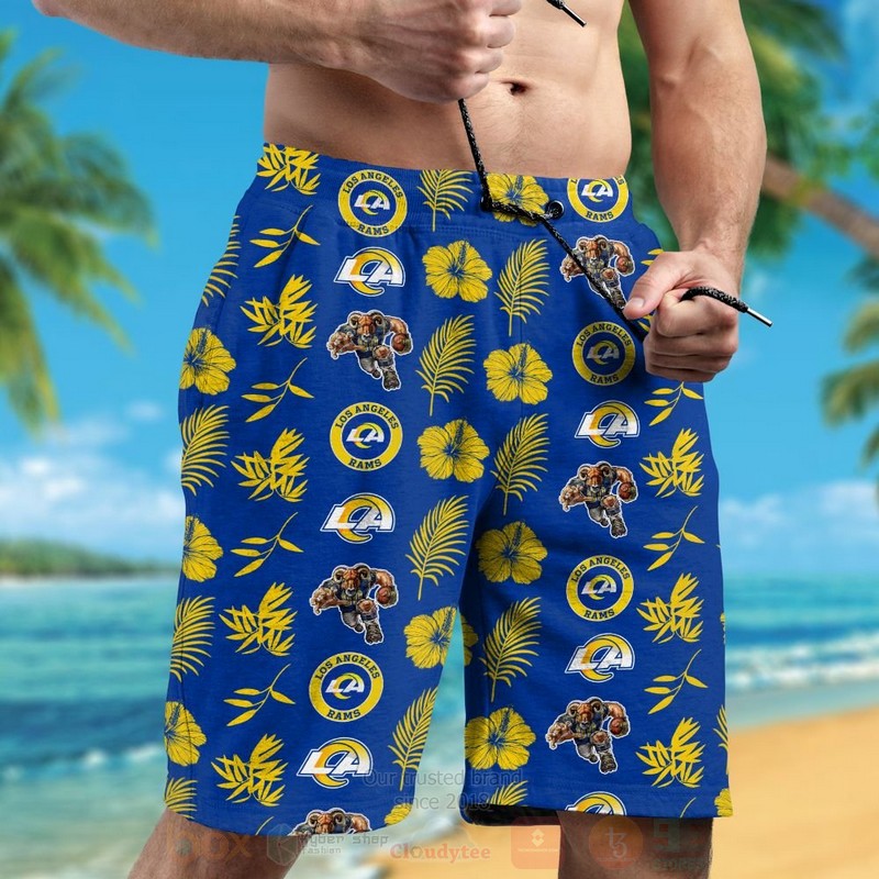 NFL Los Angeles Rams Logo Team With Hiibscus Blue Hawaiian Shirt Short 1 2 3 4
