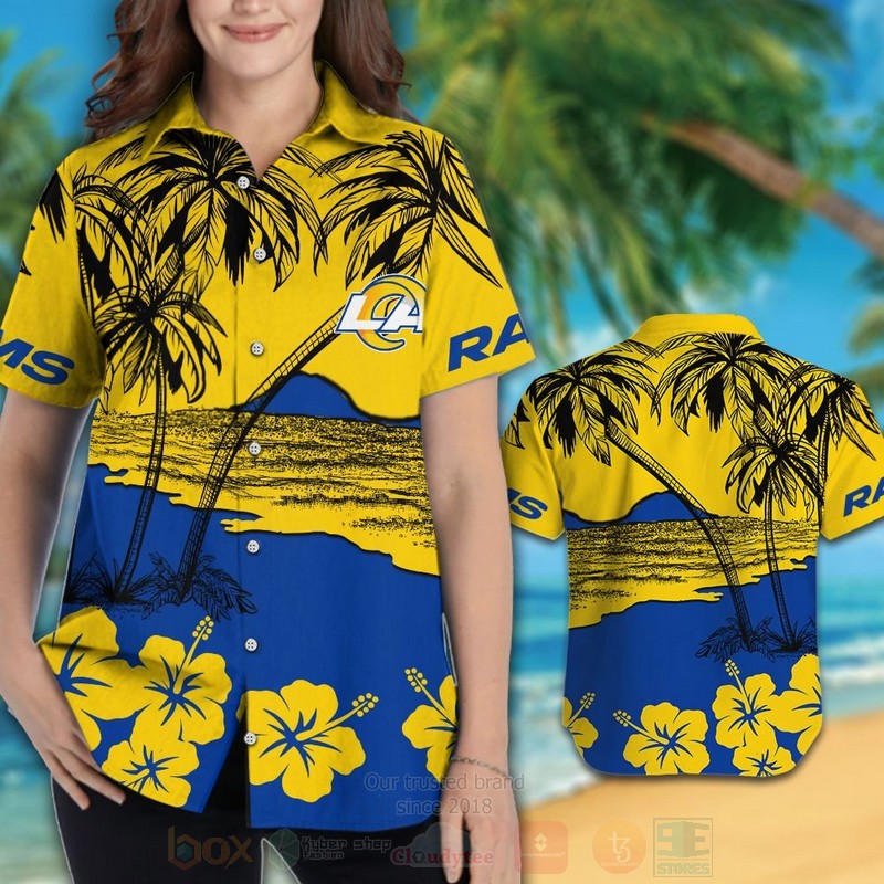 NFL Los Angeles Rams Yellow Blue Coconut Tree Hawaiian Shirt Short 1 2