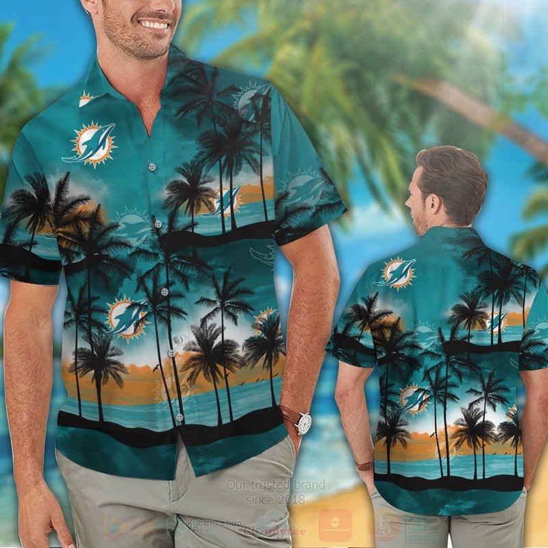 Nfl Miami Dolphins Aqua Green Black Coconut Tree Hawaiian Shirt Short 1