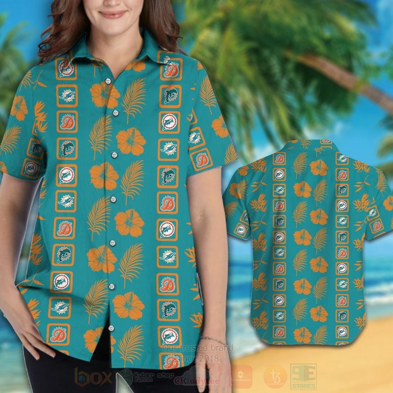 BEST NFL Miami Dolphins Aqua Green-Orange Hiibscus Hawaii Shirt, Short 3 NFL Miami Dolphins Aqua Green Orange Hiibscus Hawaiian Shirt Short 1 2