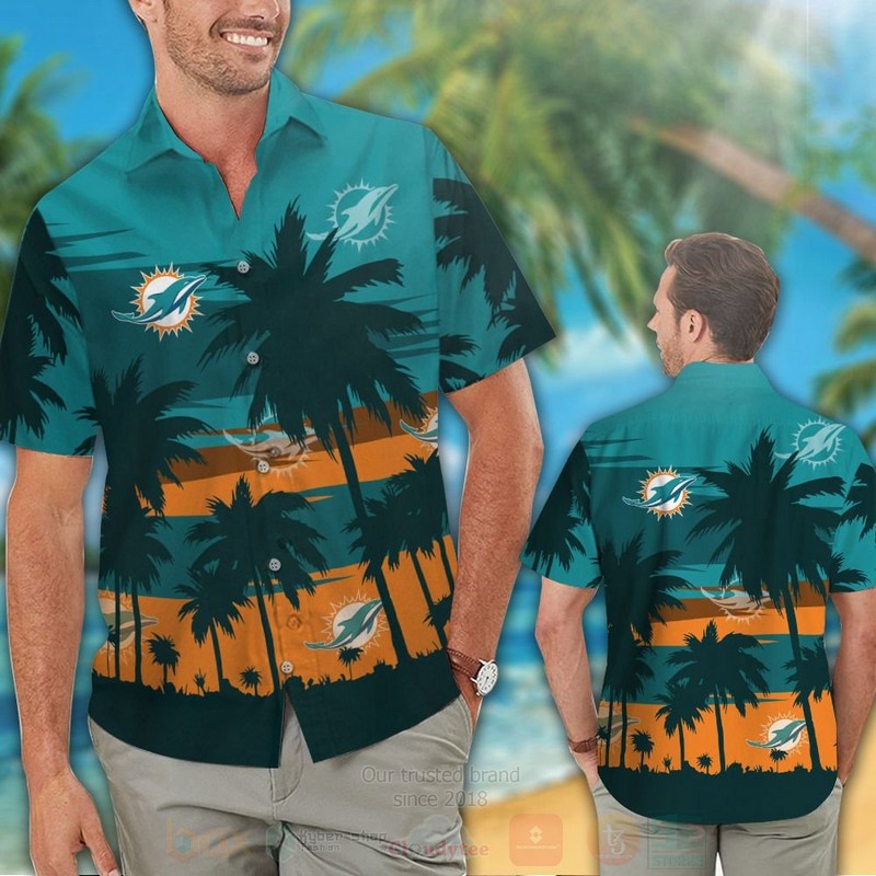 BEST NFL Miami Dolphins Aqua Green-Orange and Coconut Tree Hawaii Shirt, Short 2 NFL Miami Dolphins Aqua Green Orange and Coconut Tree Hawaiian Shirt Short 1