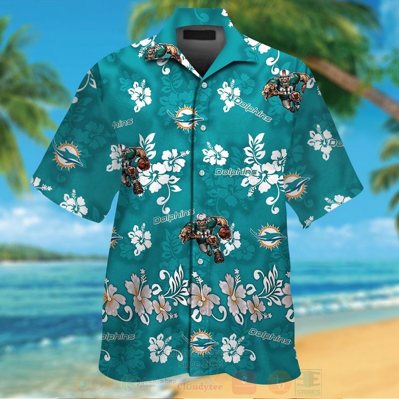 NFL Miami Dolphins Aqua Green Hiibscus Hawaiian Shirt Short