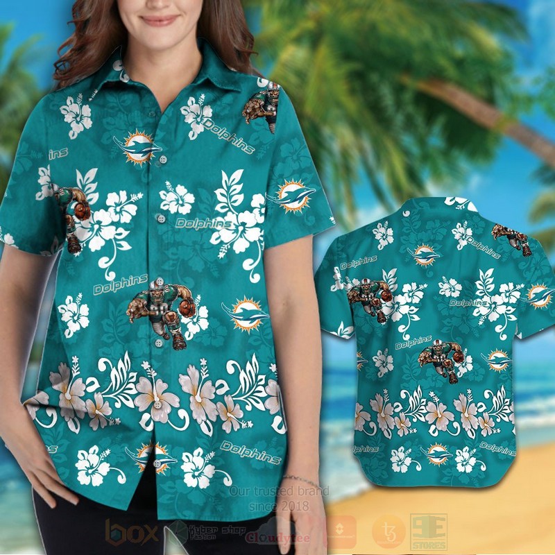 BEST NFL Miami Dolphins Aqua Green Hiibscus Hawaii Shirt, Short 3 NFL Miami Dolphins Aqua Green Hiibscus Hawaiian Shirt Short 1 2