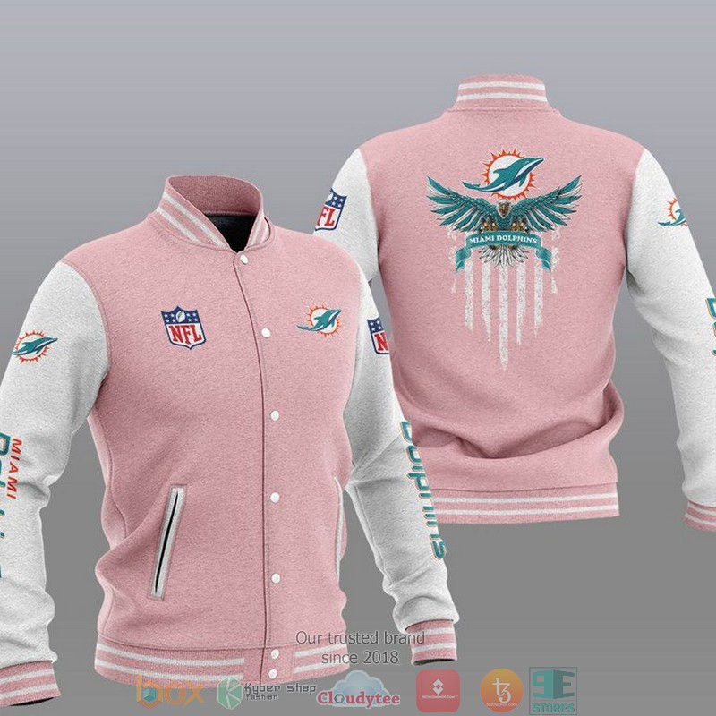 NFL Miami Dolphins Eagle Thin Line Flag Varsity Jacket 4 NFL Miami Dolphins Eagle Thin Line Flag Varsity Jacket 1 2 3