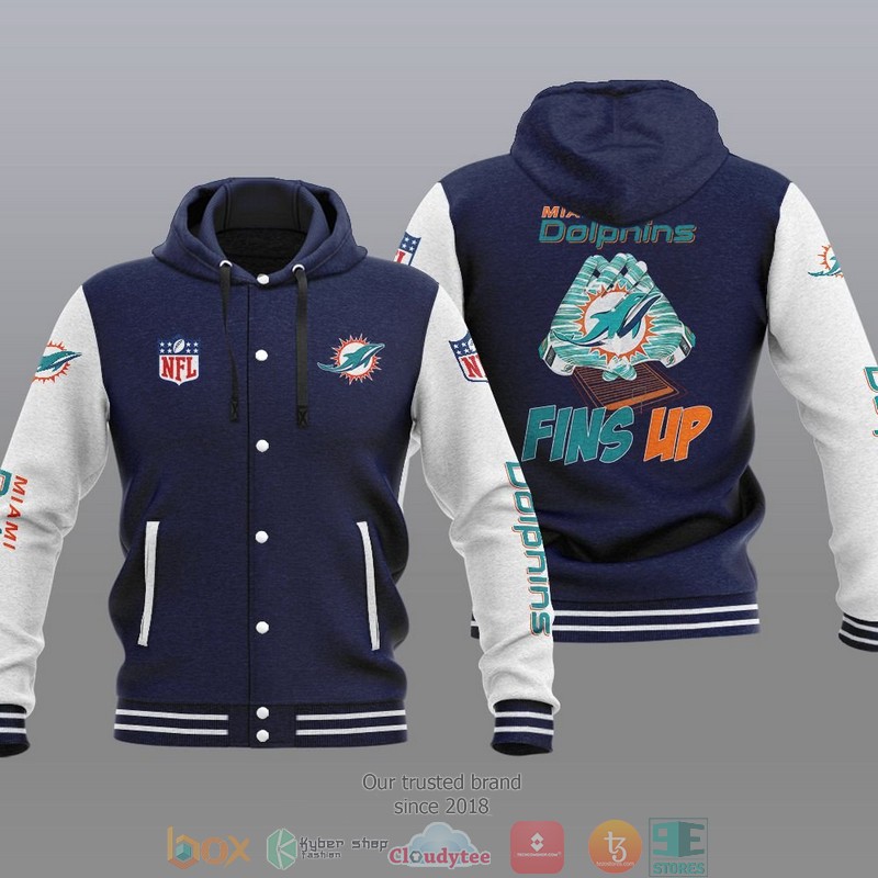 HOT Miami Dolphins Fins Up Varsity Hoodie Jacket 3 NFL Miami Dolphins Fins Up Baseball Jacket Hoodie 1 2