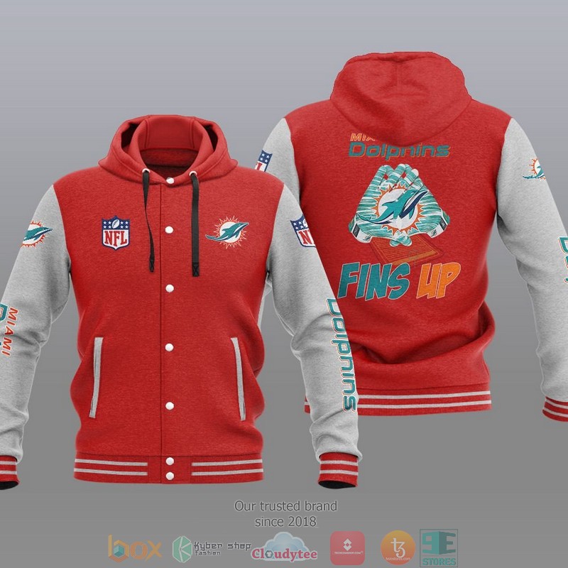 HOT Miami Dolphins Fins Up Varsity Hoodie Jacket 5 NFL Miami Dolphins Fins Up Baseball Jacket Hoodie 1 2 3 4